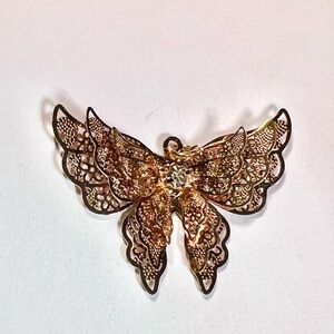 Vintage Rhinestone Butterfly Filigree Spun Gold Tone Necklace Pendant Charm